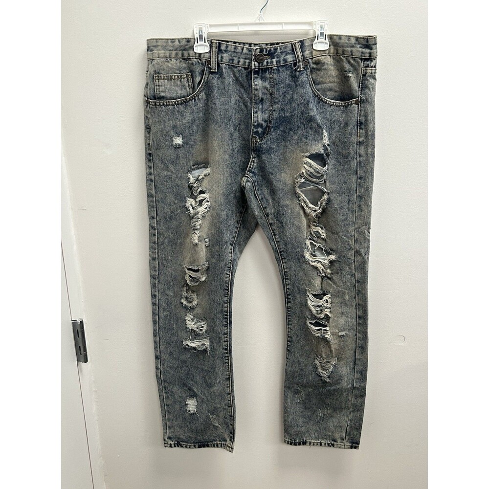 True Rock Men's Jeans 38x32 Slim Straight Distressed Raw Brown Ripped Denim